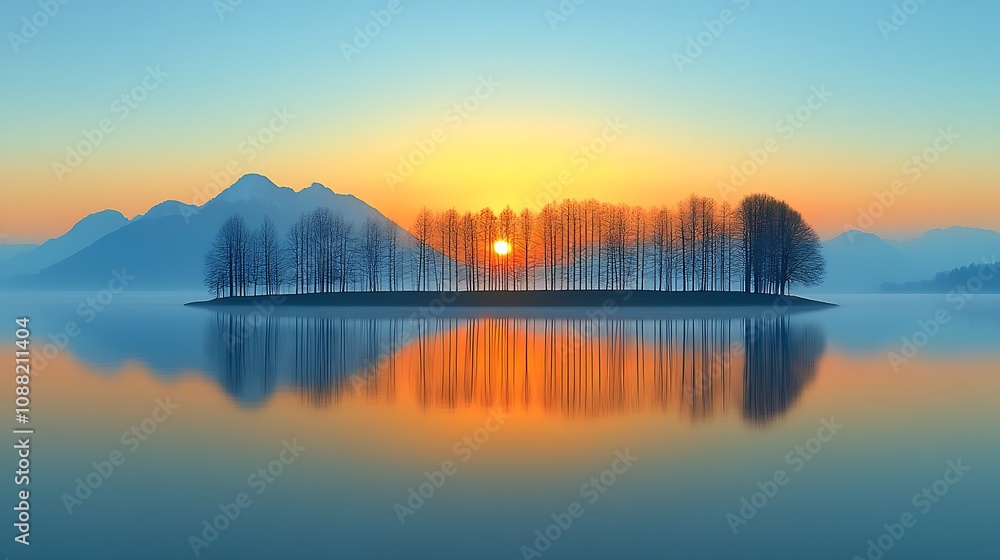 Obraz premium Serene Sunrise Over Lake Reflects Trees and Mountains in Tranquil Landscape : Generative AI