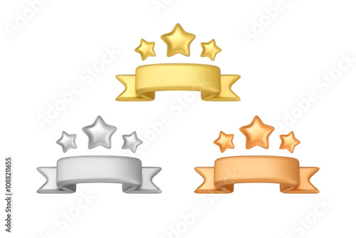 Winner ribbons with stars set. Gold, silver and bronze award emblems isolated. Reward emblems collection