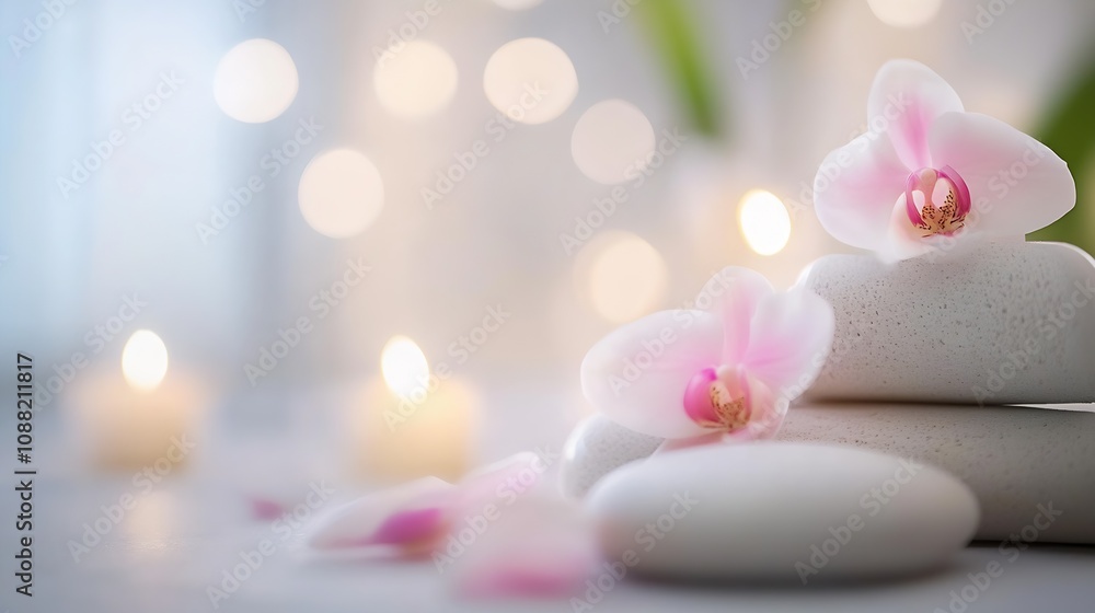 Serene Spa Setting with Pink Orchids on White Stones and Gentle Candlelight : Generative AI Serene Spa Setting with Pink Orchids on White Stones and Gentle Candlelight : Generative AI