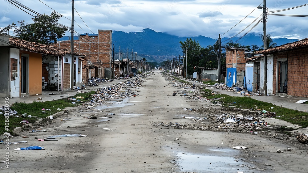 Desolate Urban Street with Debris and Brick Structures Amid Mountainous Terrain and Overcast Skies : Generative AI Desolate Urban Street with Debris and Brick Structures Amid Mountainous Terrain and Overcast Skies : Generative AI