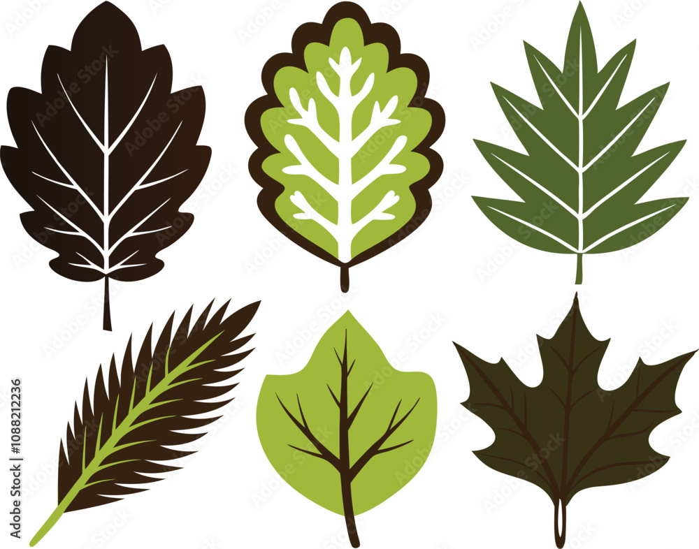 Obraz premium Vector Silhouette Icon Set of Oak and Summer Leaves in Green Tones