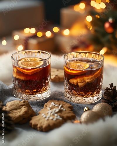 Two glasses of hot mulled spicy wine with cookies at a Christmas market illuminated at night in decembe photo