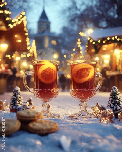 Two glasses of hot mulled spicy wine with cookies at a Christmas market illuminated at night in decembe photo