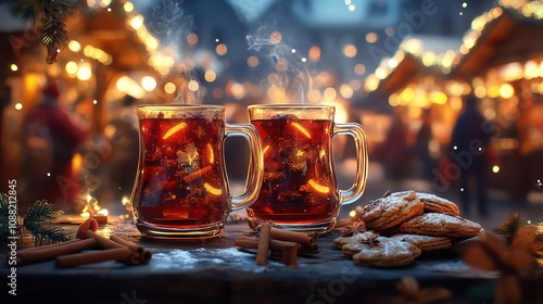 Two glasses of hot mulled spicy wine with cookies at a Christmas market illuminated at night in decembe photo