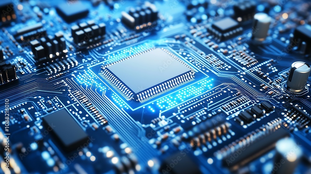 Close-Up of Blue Microchip Circuit Board Illuminated with Innovative Technology Highlights : Generative AI Close-Up of Blue Microchip Circuit Board Illuminated with Innovative Technology Highlights : Generative AI