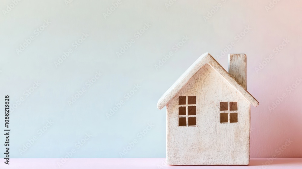 A minimalist ceramic house figurine on a pastel background. A minimalist ceramic house figurine on a pastel background.