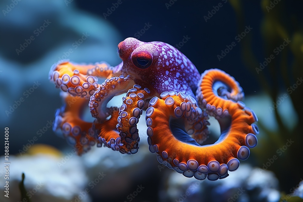 Stunning Orange and Purple Octopus in an Aquarium Setting : Generative AI Stunning Orange and Purple Octopus in an Aquarium Setting : Generative AI