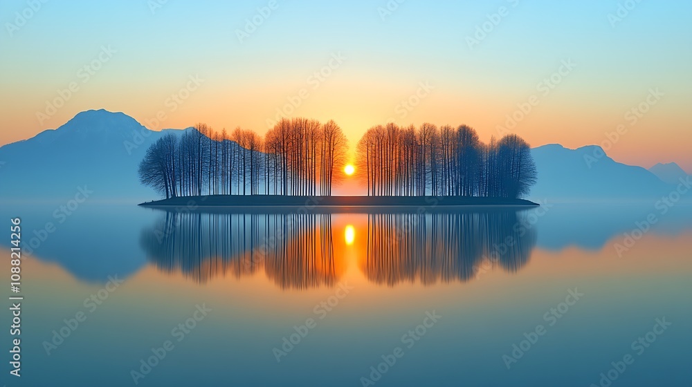 Obraz premium Golden Sunrise Illuminates Mountainous Island with Reflective Lake Surface : Generative AI
