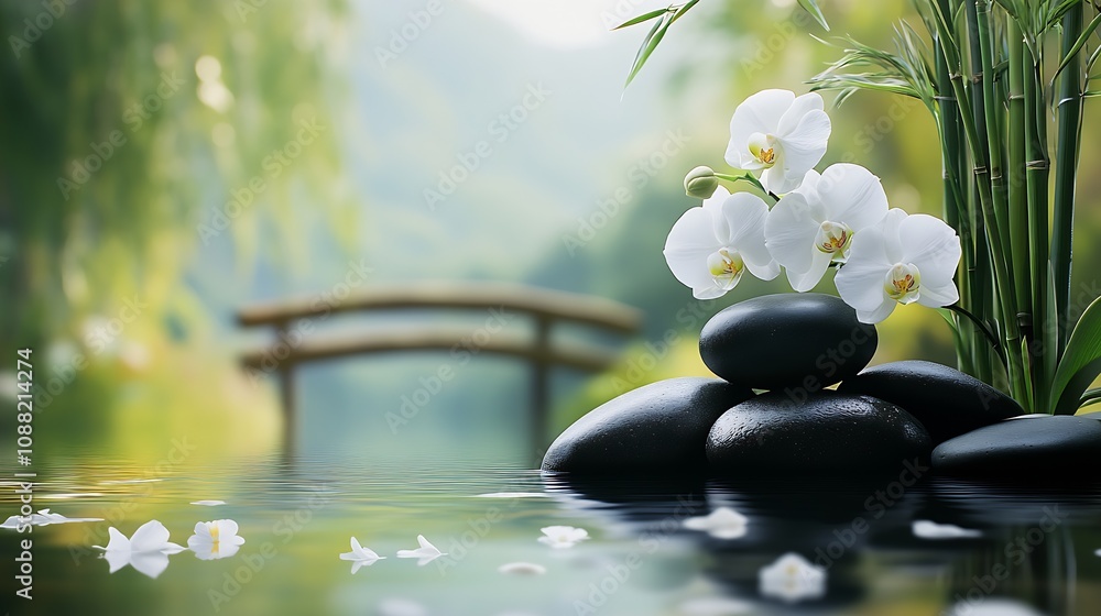 Tranquil Zen Garden Pond with White Orchids and Bamboo for Relaxation and Inner Peace : Generative AI Tranquil Zen Garden Pond with White Orchids and Bamboo for Relaxation and Inner Peace : Generative AI