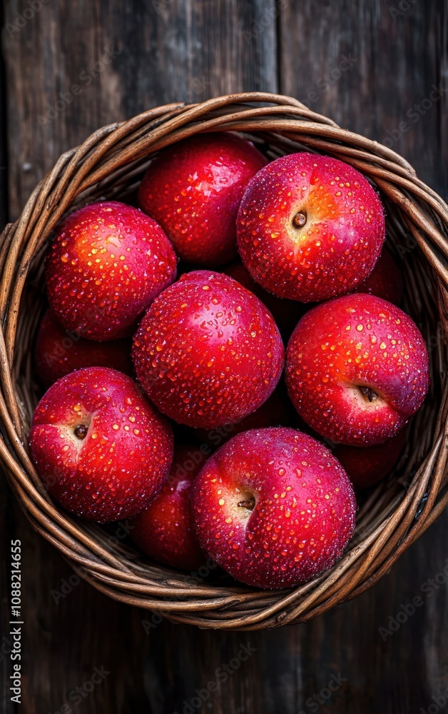 A basket filled with fresh, red apples resting on a rustic wooden surface, showcasing their glossy skin and vibrant color. A basket filled with fresh, red apples resting on a rustic wooden surface, showcasing their glossy skin and vibrant color.
