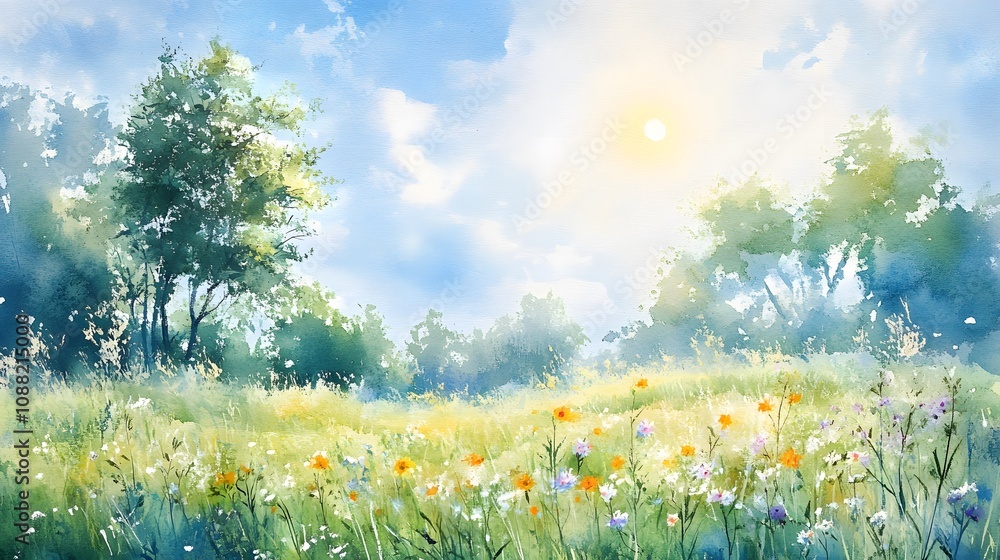 Fototapeta premium Artistic watercolor painting of a summer meadow with wildflowers, a clear blue sky, and a bright sun, soft and elegant.