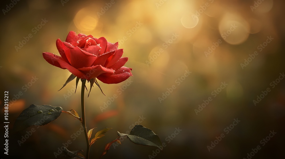 Obraz premium Close-up of a single red rose with dewdrops on its petals, softly lit with a romantic background, detailed and elegant.