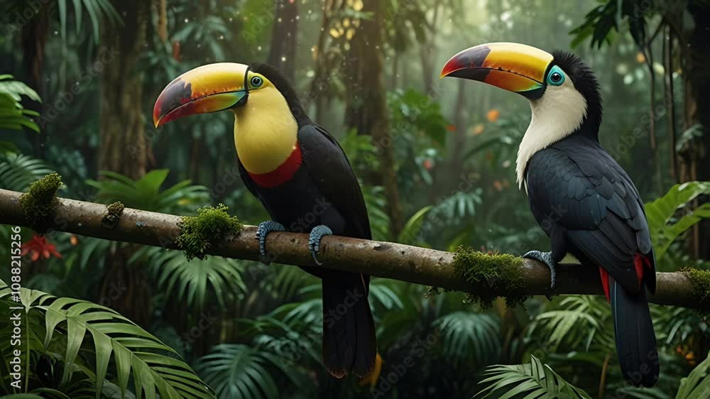 A toucan is on a tree branch in the middle of the forest. Seamless 4K looping timelapse video animation background A toucan is on a tree branch in the middle of the forest. Seamless 4K looping timelapse video animation background