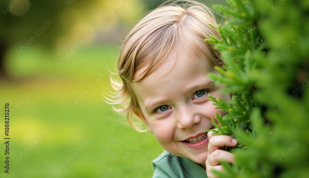 Smiling Child Peeking from Behind Green Bush Outdoors Smiling Child Peeking from Behind Green Bush Outdoors