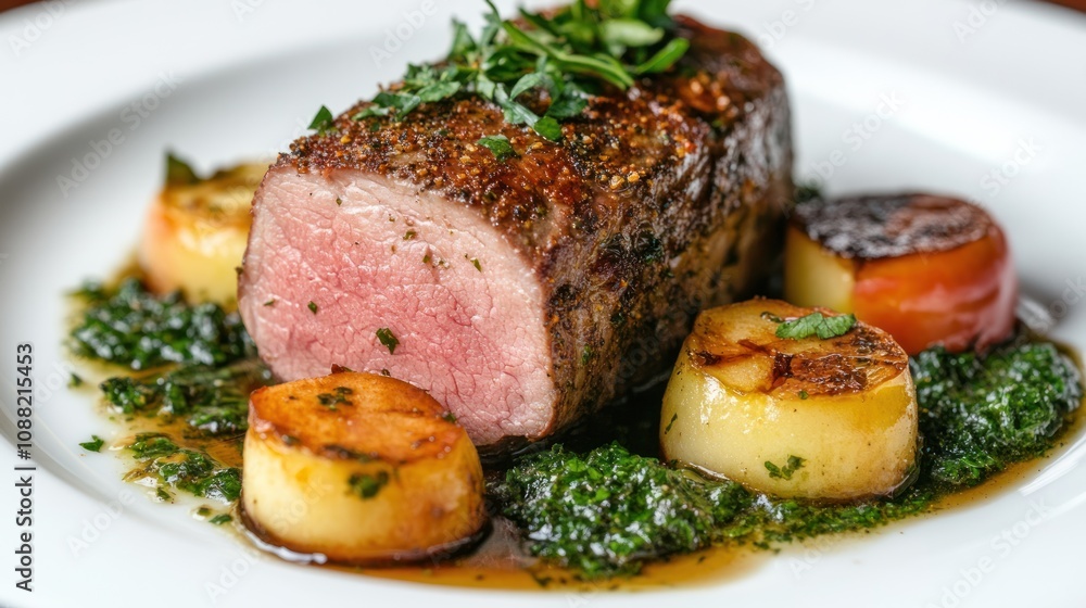 A beautifully presented dish featuring a perfectly cooked piece of meat surrounded by vegetables and vibrant sauce. A beautifully presented dish featuring a perfectly cooked piece of meat surrounded by vegetables and vibrant sauce.