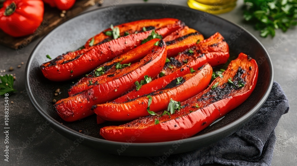Roasted red peppers arranged on a black plate, garnished with herbs, showcasing vibrant colors and a delicious presentation. Roasted red peppers arranged on a black plate, garnished with herbs, showcasing vibrant colors and a delicious presentation.