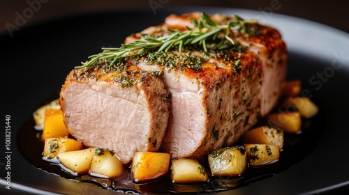 A beautifully plated pork roast garnished with herbs, served on a bed of diced apples, showcasing a delicious and elegant meal.