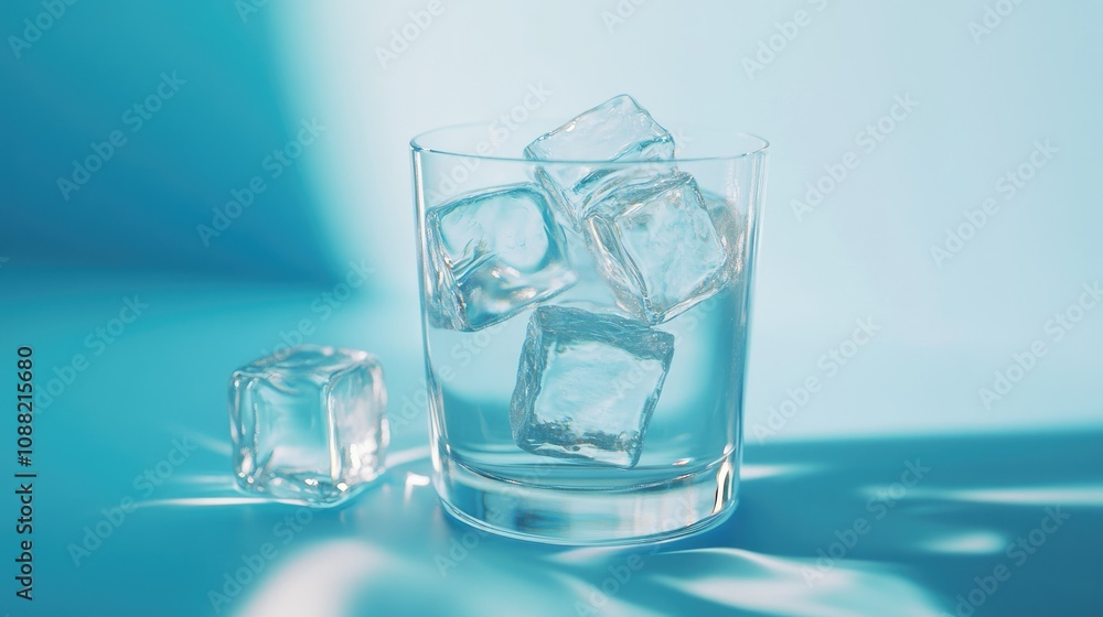 Refreshing ice cubes floating in a glass of crystal-clear water, set against a cool blue backdrop. Refreshing ice cubes floating in a glass of crystal-clear water, set against a cool blue backdrop.