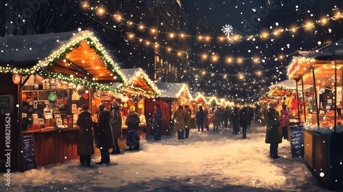 Festive winter market with colorful stalls, people sipping hot drinks, warm fairy lights strung around, and snow gently falling, a lively and joyful atmosphere.