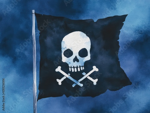 A classic pirate flag featuring a skull and crossbones on a dark background, symbolizing piracy and adventure on the high seas.