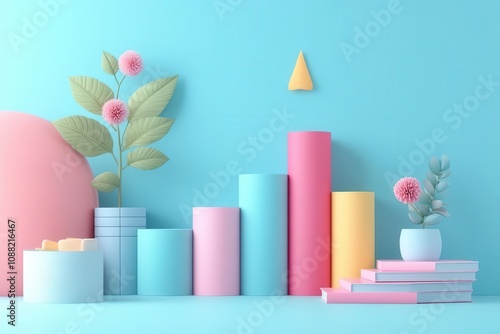 A vibrant, modern arrangement of pastel geometric shapes and plants against a turquoise background, creating a playful and fresh aesthetic.