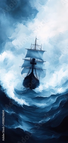 A majestic ship navigates through turbulent waves under a dramatic sky, embodying adventure and the power of nature.