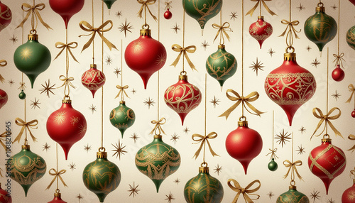 Patterned vintage decorations, repeating designs of old-fashioned ornaments like glass balls, tinsel, and lace ribbons in muted reds, greens, and golds, festive and cozy
