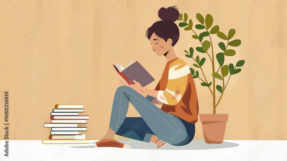 Bookaholic girl reading book sitting on the living room. Colorful minimalist animation Bookaholic girl reading book sitting on the living room. Colorful minimalist animation