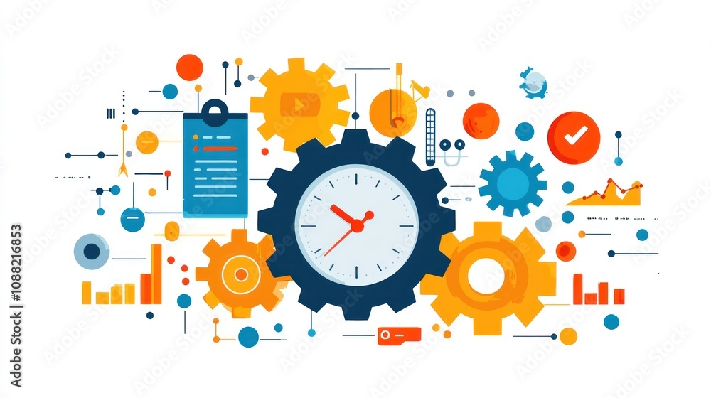 Obraz premium A clock is in the center of a graphic with many gears and other symbols