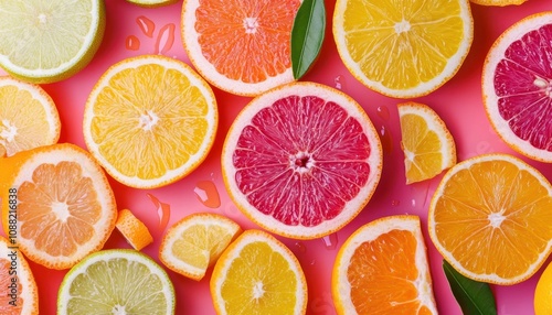 A vibrant arrangement of various citrus fruit slices, including oranges, lemons, and grapefruits, against a bright pink background.