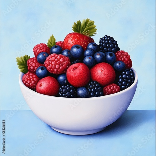 A vibrant bowl of assorted berries, featuring strawberries, blueberries, raspberries, and blackberries, set against a light blue background.
