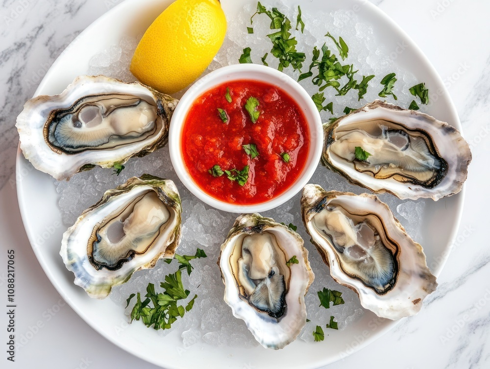 A plate of fresh oysters garnished with lemon and cilantro, served with a side of tangy red sauce on ice. A plate of fresh oysters garnished with lemon and cilantro, served with a side of tangy red sauce on ice.