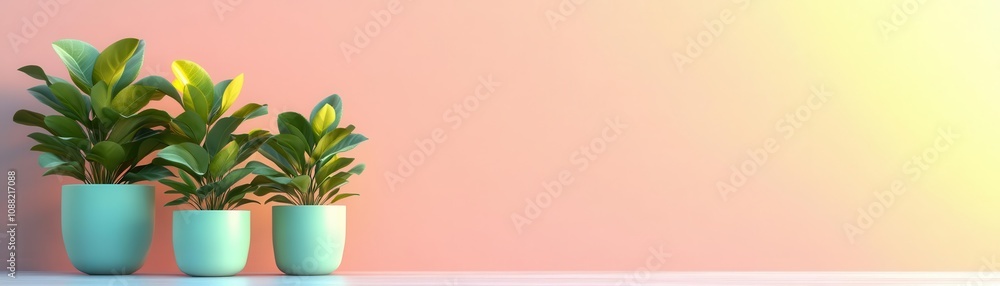 A serene composition featuring three vibrant green plants in turquoise pots against a soft pastel pink background. A serene composition featuring three vibrant green plants in turquoise pots against a soft pastel pink background.