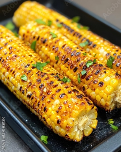 Grilled corn on the cob garnished with herbs, showcasing a golden, charred appearance that highlights its deliciousness.