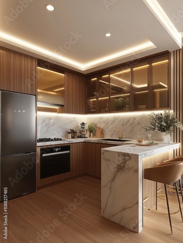 Modern Kitchen Design With Marble Island And Wood Cabinets