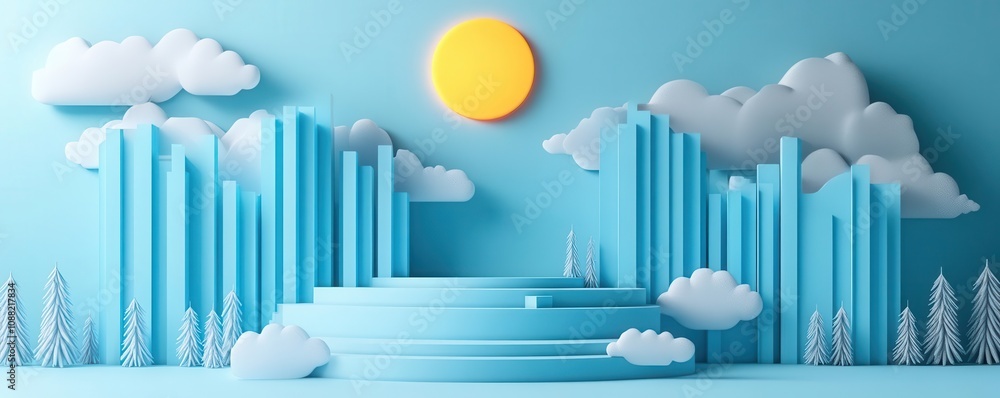 A colorful, artistic landscape featuring clouds, a sun, and abstract city-like structures against a bright blue background. A colorful, artistic landscape featuring clouds, a sun, and abstract city-like structures against a bright blue background.