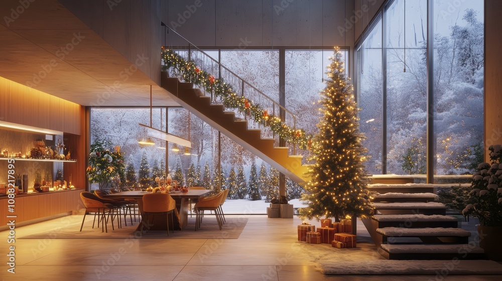 Fototapeta premium Modern Home Christmas Decor Winter Wonderland Setting