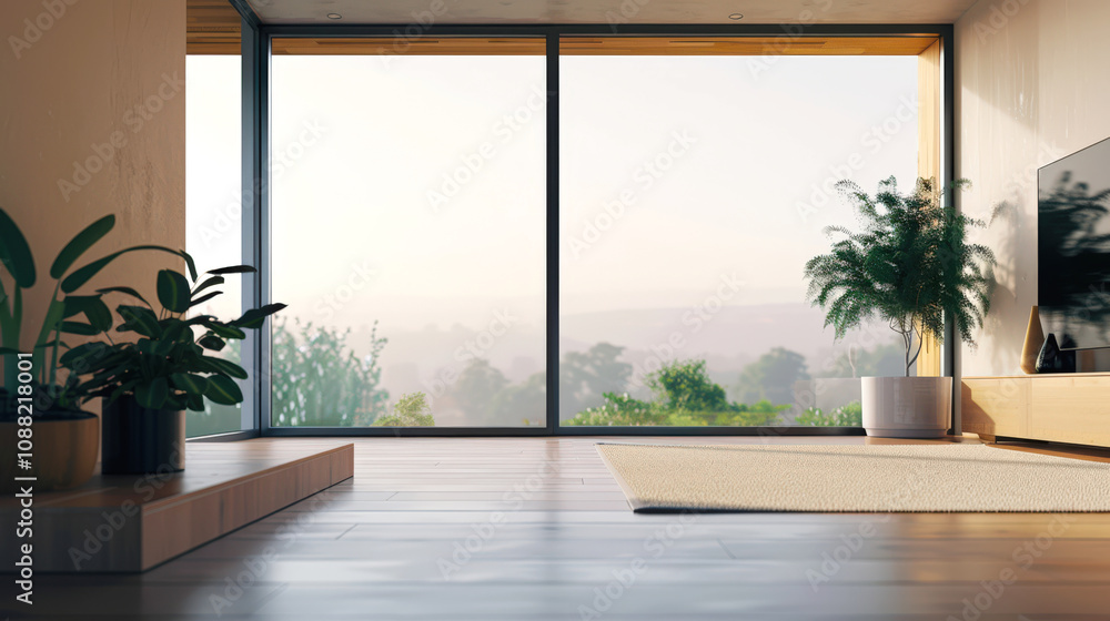 Minimalistic interior with panoramic windows, large green potted plants, carpet. A large window in the living room overlooking the tropical mountains Minimalistic interior with panoramic windows, large green potted plants, carpet. A large window in the living room overlooking the tropical mountains