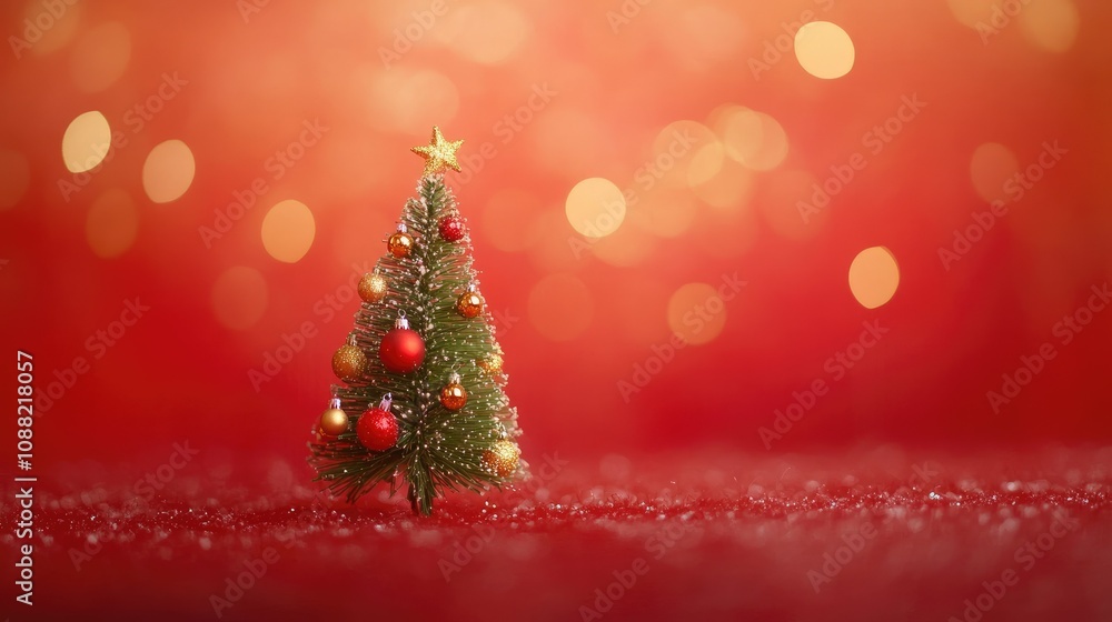 Tiny Christmas tree adorned with red and gold ornaments against a vibrant red backdrop with warm, twinkling bokeh lights. Tiny Christmas tree adorned with red and gold ornaments against a vibrant red backdrop with warm, twinkling bokeh lights.