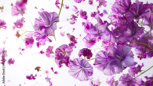 A beautiful image of a bouquet of lilac-purple flowers of mattiola on a white background. Flowers are scattered throughout the image, giving it a sense of movement and life