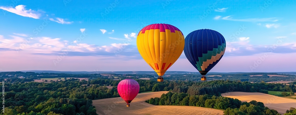 Fototapeta premium Colorful hot air balloons soaring above picturesque landscapes during a stunning sunset.