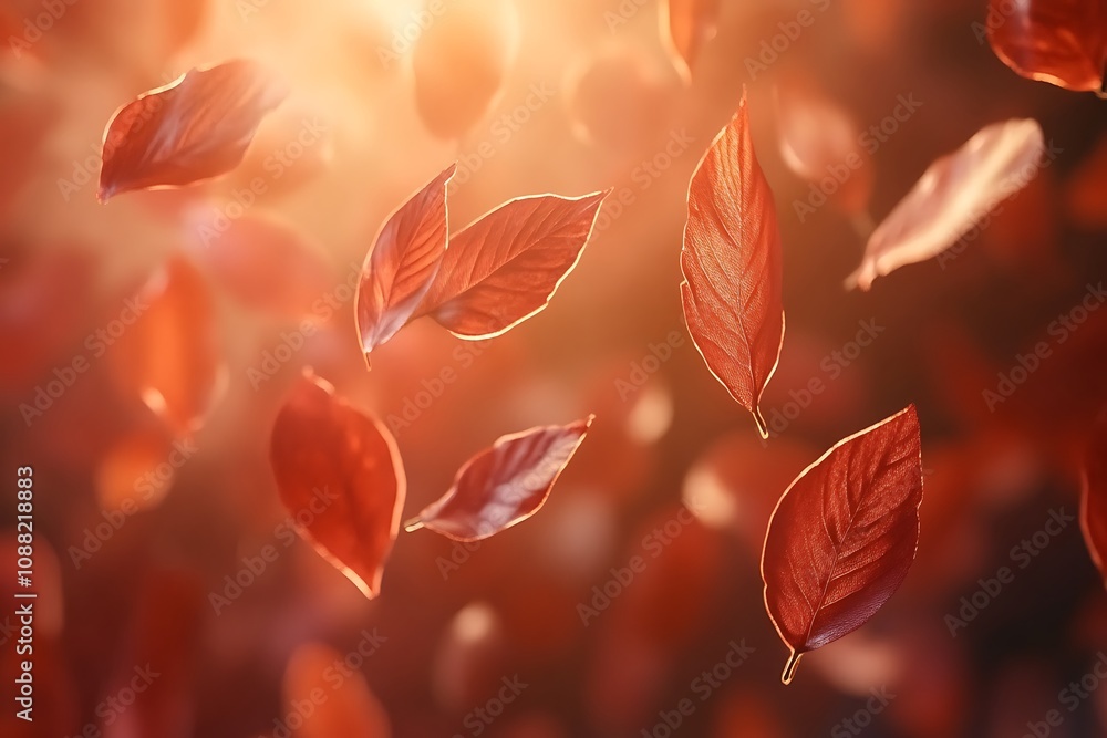 A serene scene of floating red leaves illuminated by soft light. A serene scene of floating red leaves illuminated by soft light.