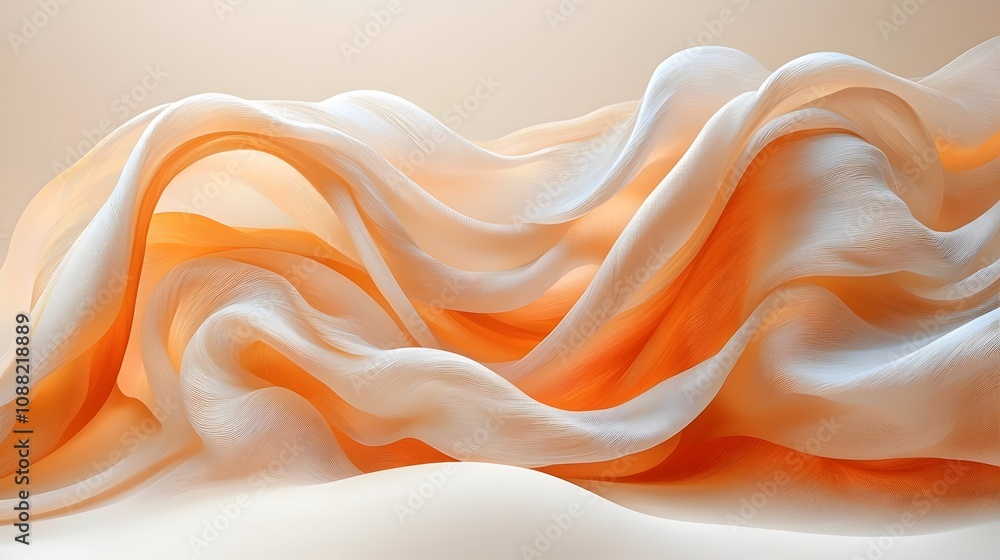 An abstract composition showcasing flowing waves of soft cream and warm orange fabric, creating a tranquil and harmonious atmosphere with delicate textures and gentle curves. An abstract composition showcasing flowing waves of soft cream and warm orange fabric, creating a tranquil and harmonious atmosphere with delicate textures and gentle curves.