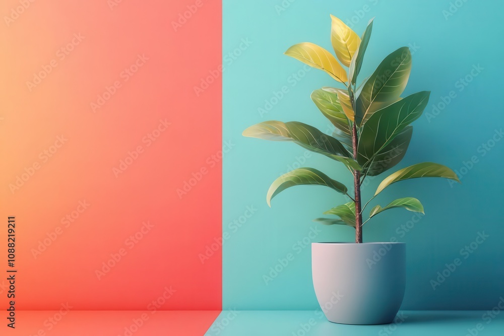 A vibrant indoor plant in a light blue pot stands against a split background of turquoise and coral colors, creating a fresh and modern aesthetic. A vibrant indoor plant in a light blue pot stands against a split background of turquoise and coral colors, creating a fresh and modern aesthetic.