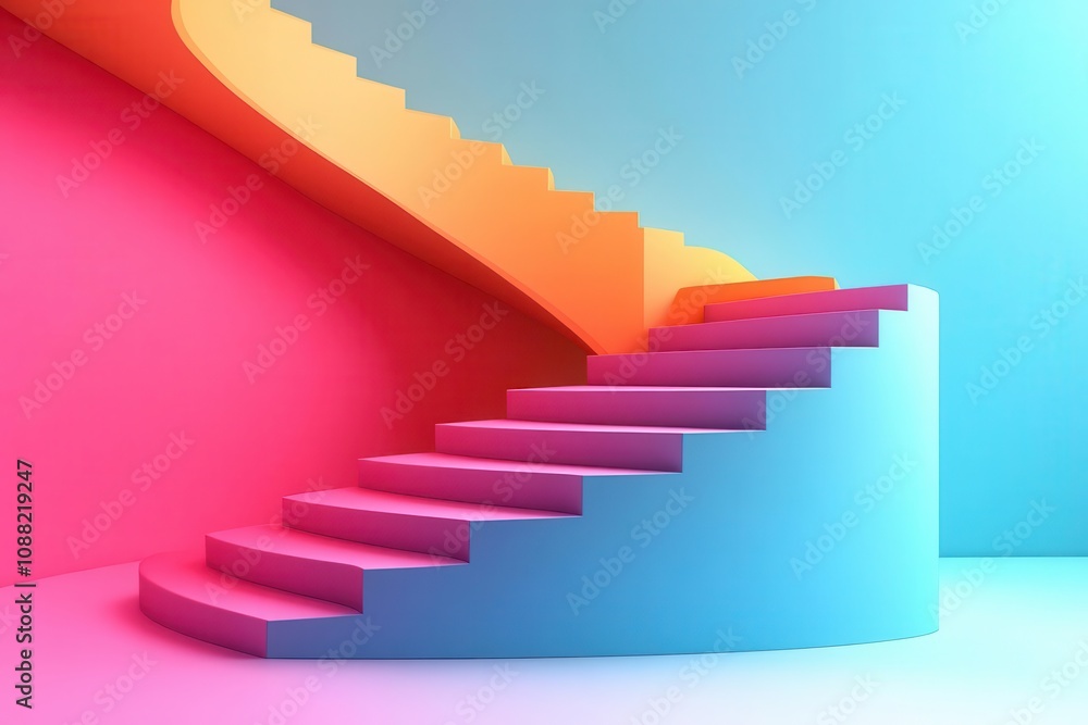 A vibrant, abstract staircase design featuring bright colors, combining pink and blue hues, creating a modern and playful atmosphere. A vibrant, abstract staircase design featuring bright colors, combining pink and blue hues, creating a modern and playful atmosphere.