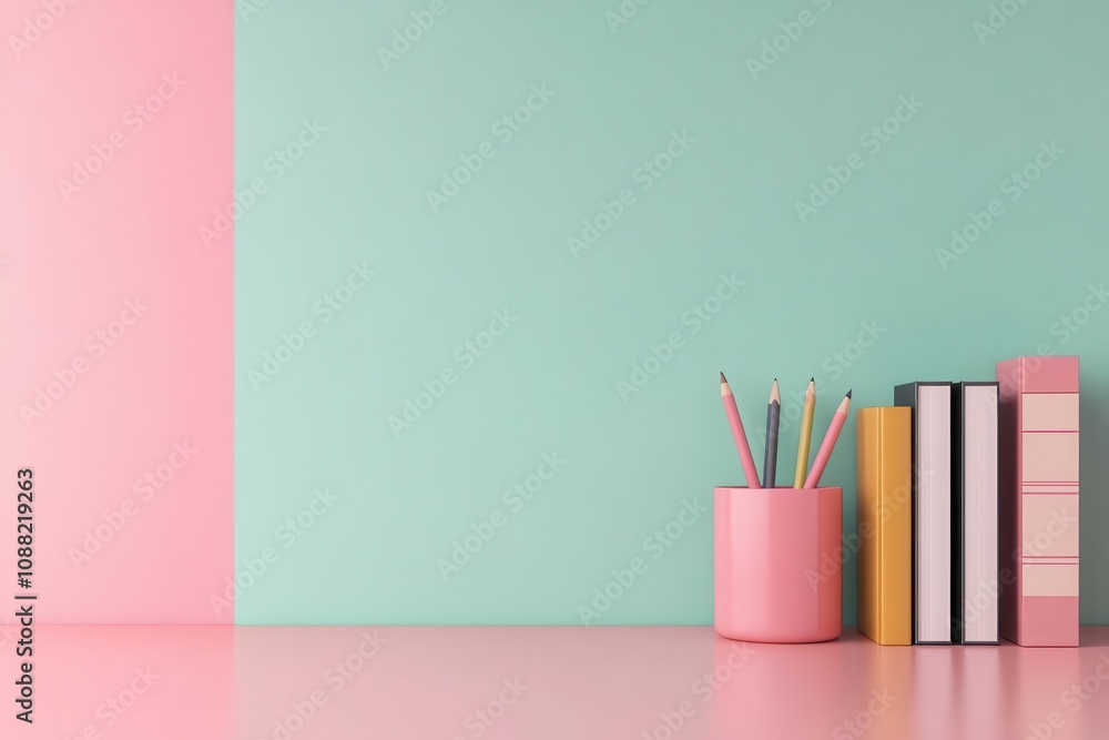Fototapeta premium A stylish workspace featuring pastel-colored walls, a pink container with pens, and neatly stacked books on a matching table.