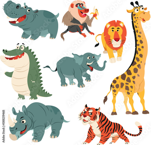 Tropical animals icons cute cartoon character sketch