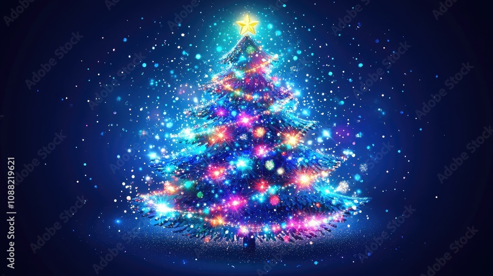 A beautifully decorated abstract Christmas tree, full of color and twinkling lights, perfect for holiday graphics.