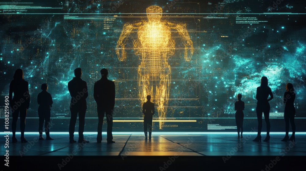 A diverse group stands in awe, watching an interactive abstract AI system illuminating their faces with vibrant light. Generative AI A diverse group stands in awe, watching an interactive abstract AI system illuminating their faces with vibrant light. Generative AI