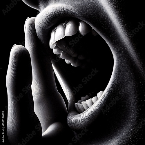 Side view of an angry man screaming, yelling, calling and shouting at someone with mouth wide open, all teeth visible.